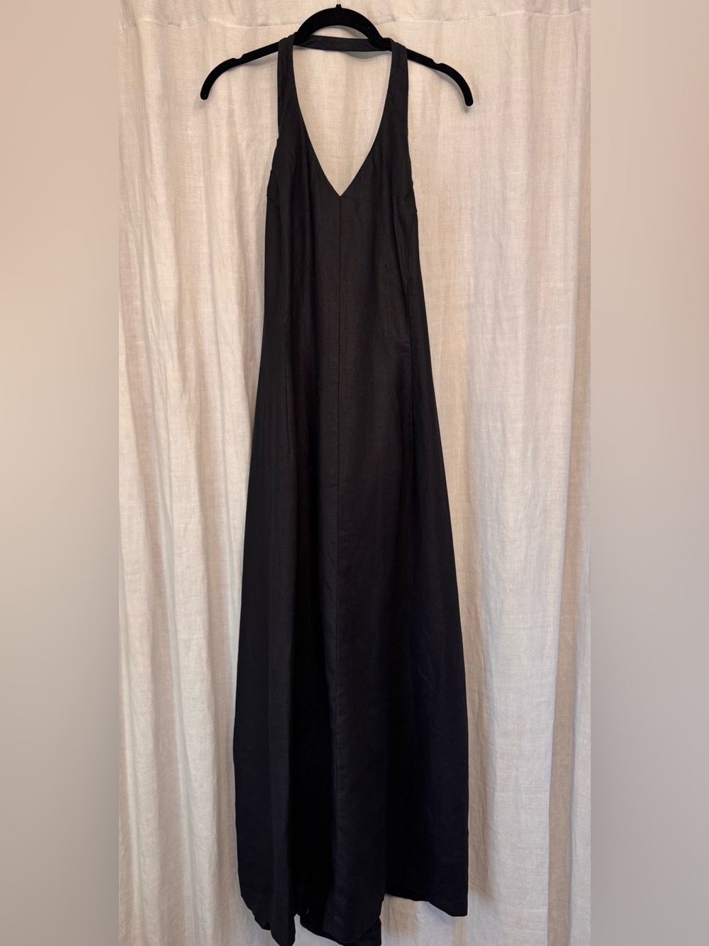 Laura Ashley Black 100% Linen Halter Maxi Dress V-Neck 14